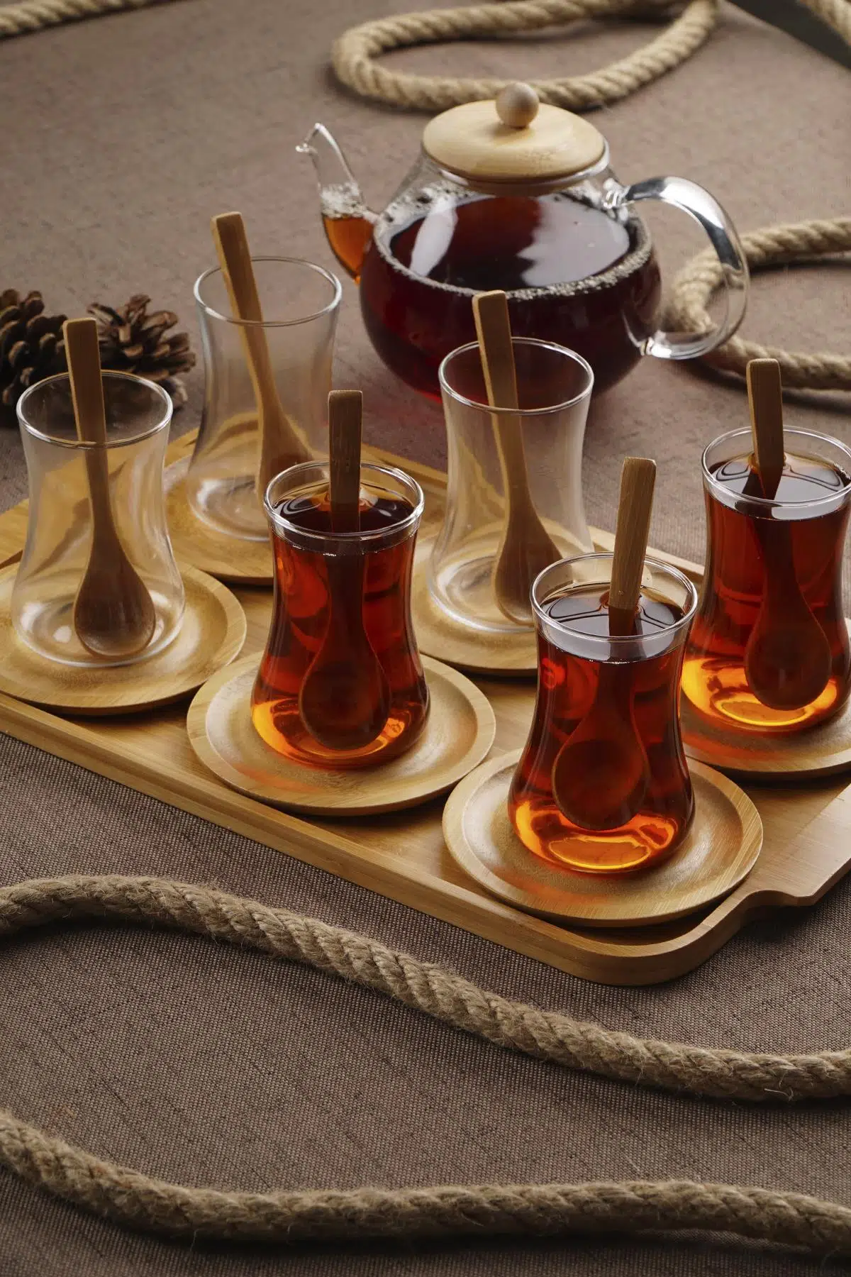 Acar Bambu Tabaklı 6 Lı Bambu Tepsili Çay Bardağı PORJ-010940 