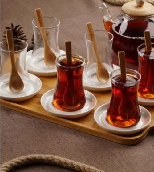Acar Porselen Tabaklı 6 Lı Cam Çay Bardağı Bambu Tepsi PORJ-010941