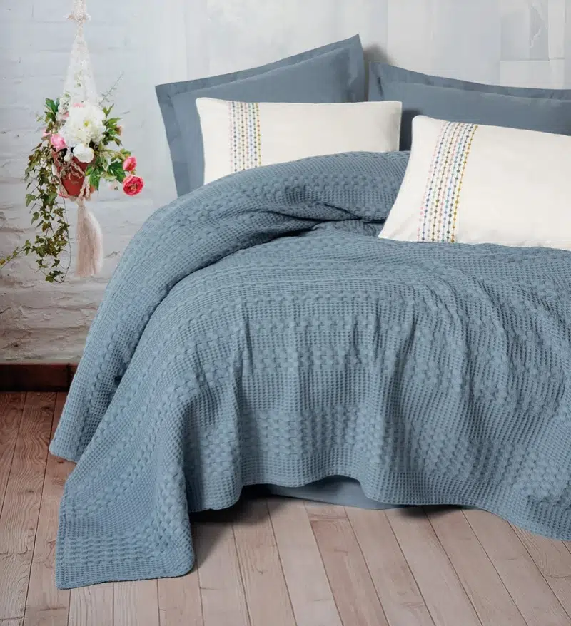 Cotton Box Aura Lastik Çarşaflı Çift Kişilik Pike Takımı Pebble Indigo