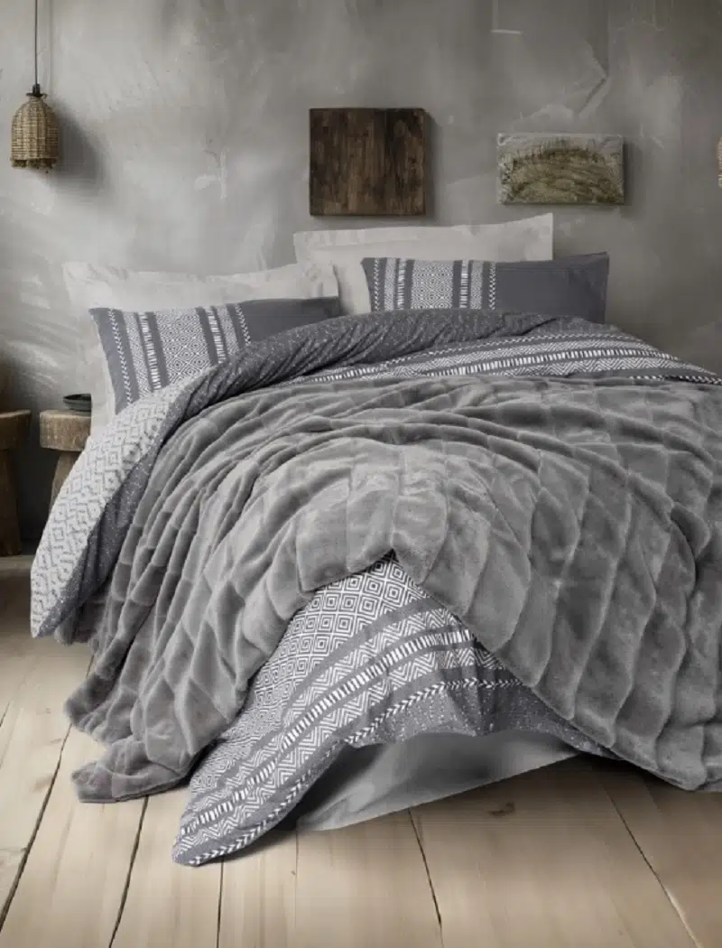 Cotton Box Trim Çift Kişilik Kürk Battaniyeli Nevresim Takımı Suave Antrasit