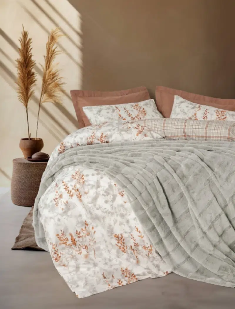 Cotton Box Trim Çift Kişilik Kürk Battaniyeli Nevresim Takımı Suave Gri