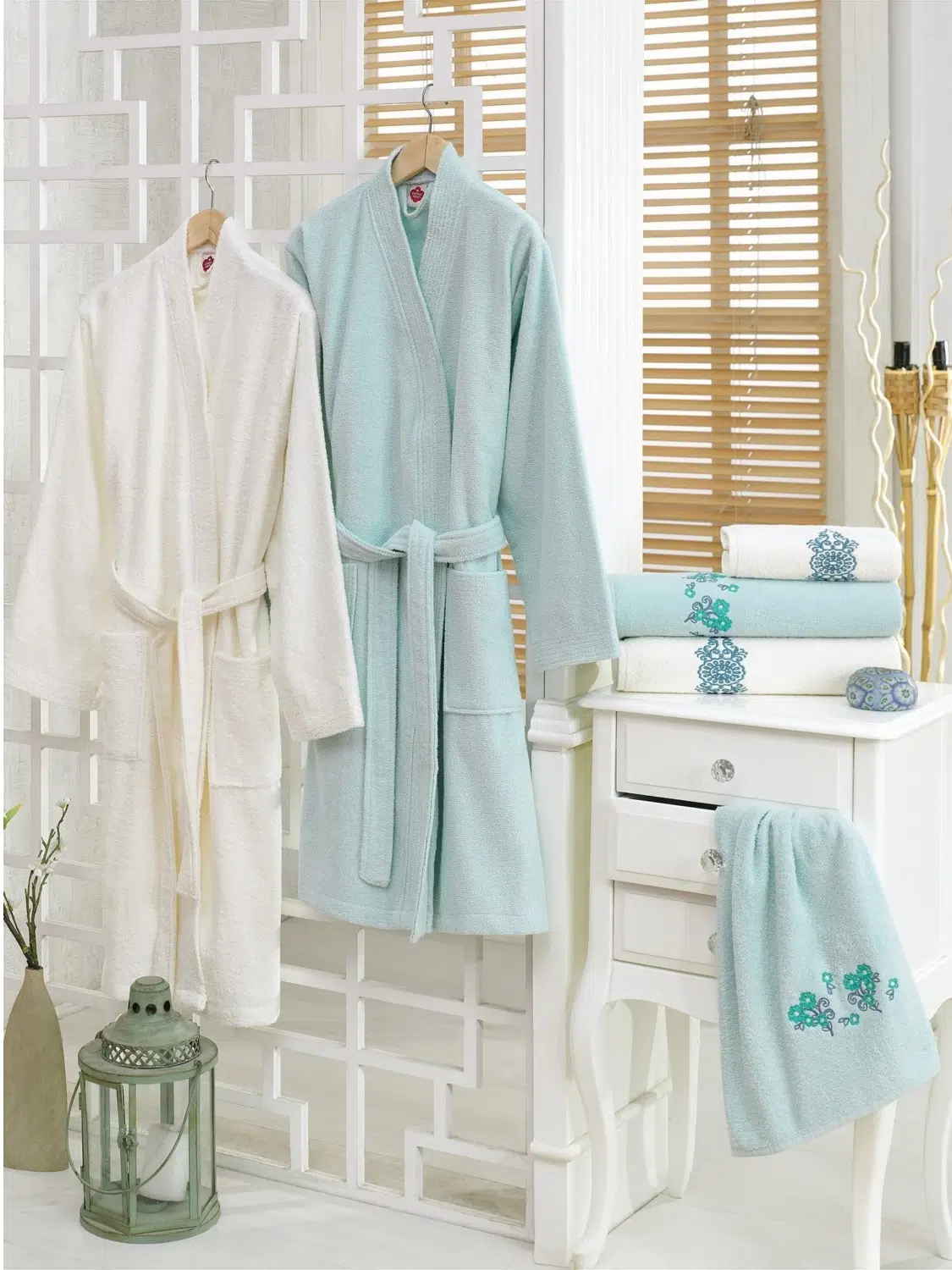 Cottonbox Aile Bornoz Seti Nakışlı Mint Krem 