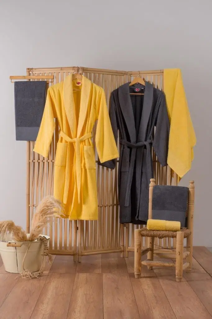 Cottonbox Jakarlı Aile Bornoz Seti Camilla Sarı-Antrasit