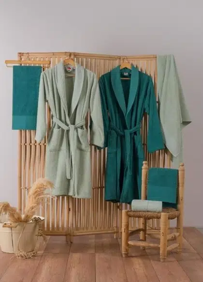 Cottonbox Jakarlı Aile Bornoz Seti Camilla Yeşil-Yeşil