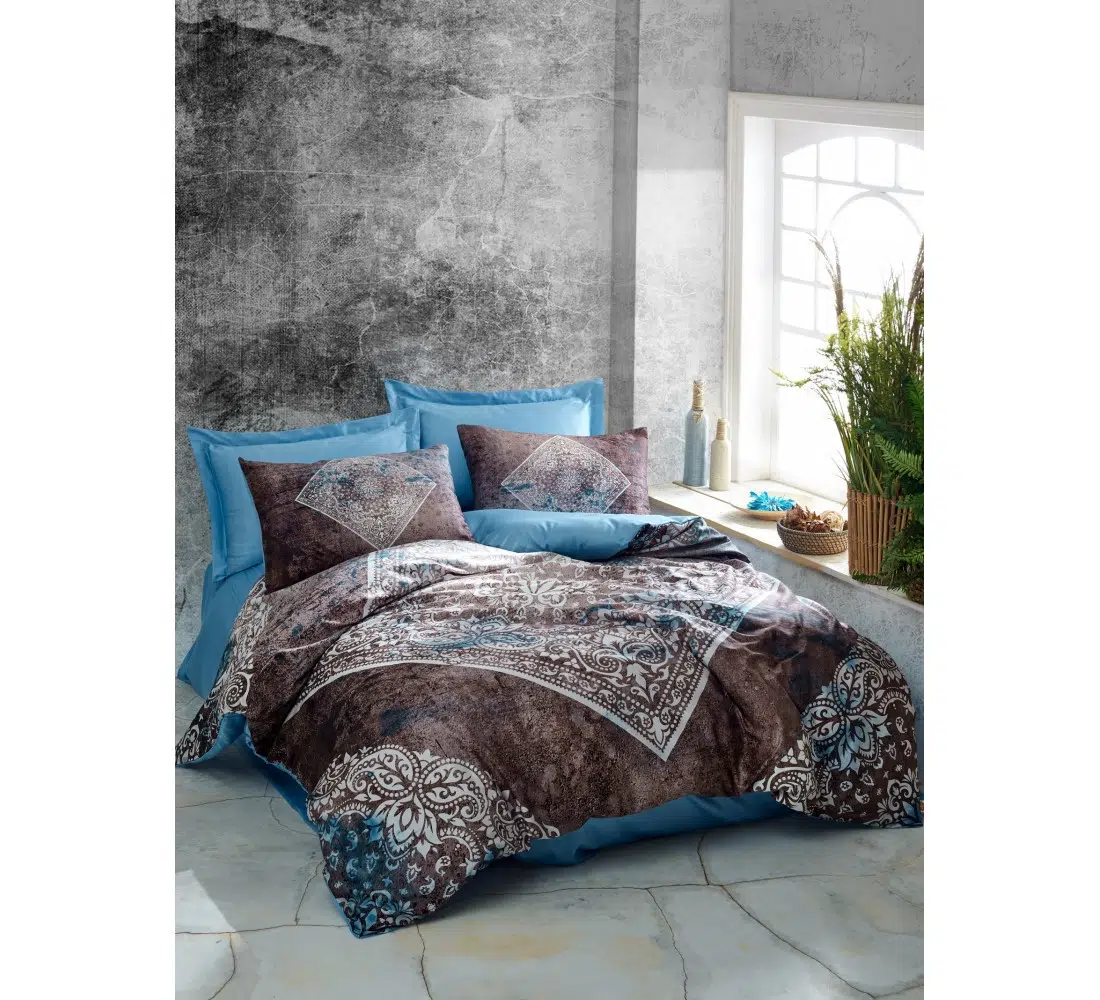 Cottonbox Lanza Saten Mavi Çift Kişilik Nevresim Takımı 