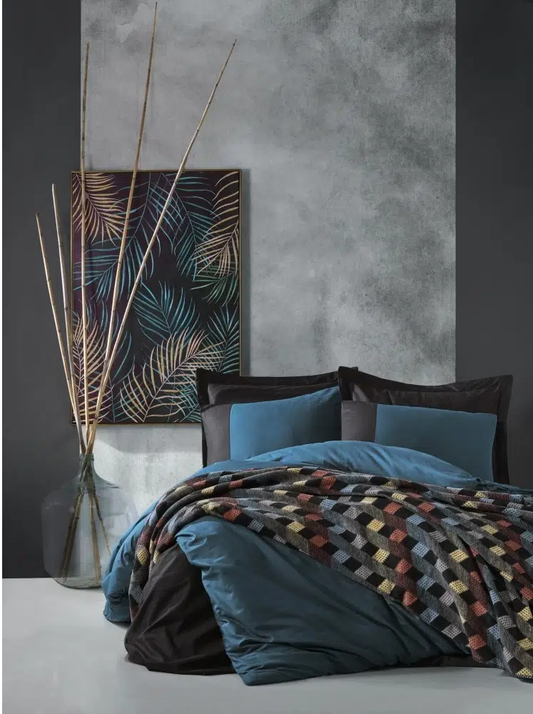 Cottonbox Plain Pamuk Battaniyeli Çift Kişilik Nevresim Takımı Petrol - Siyah