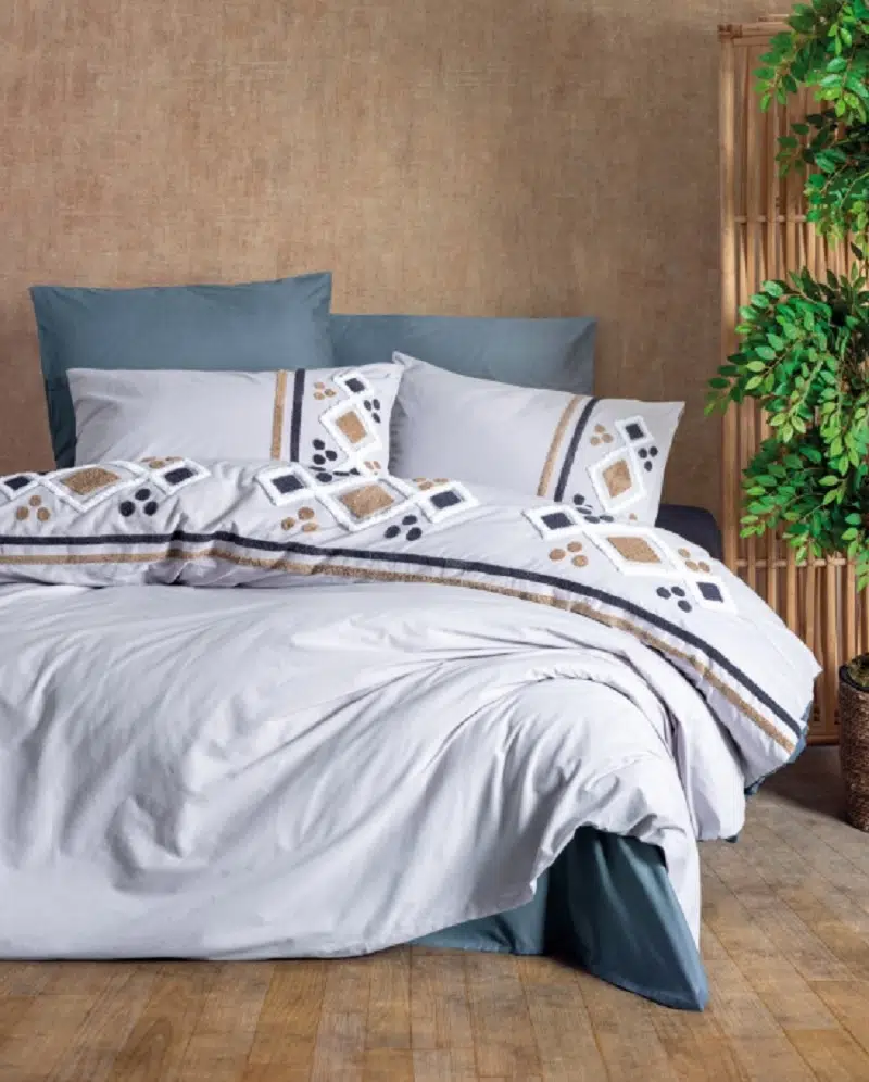Cottonbox Puff Nakışlı Stesso-Gri Çift Kişilik Nevresim Takımı 1726