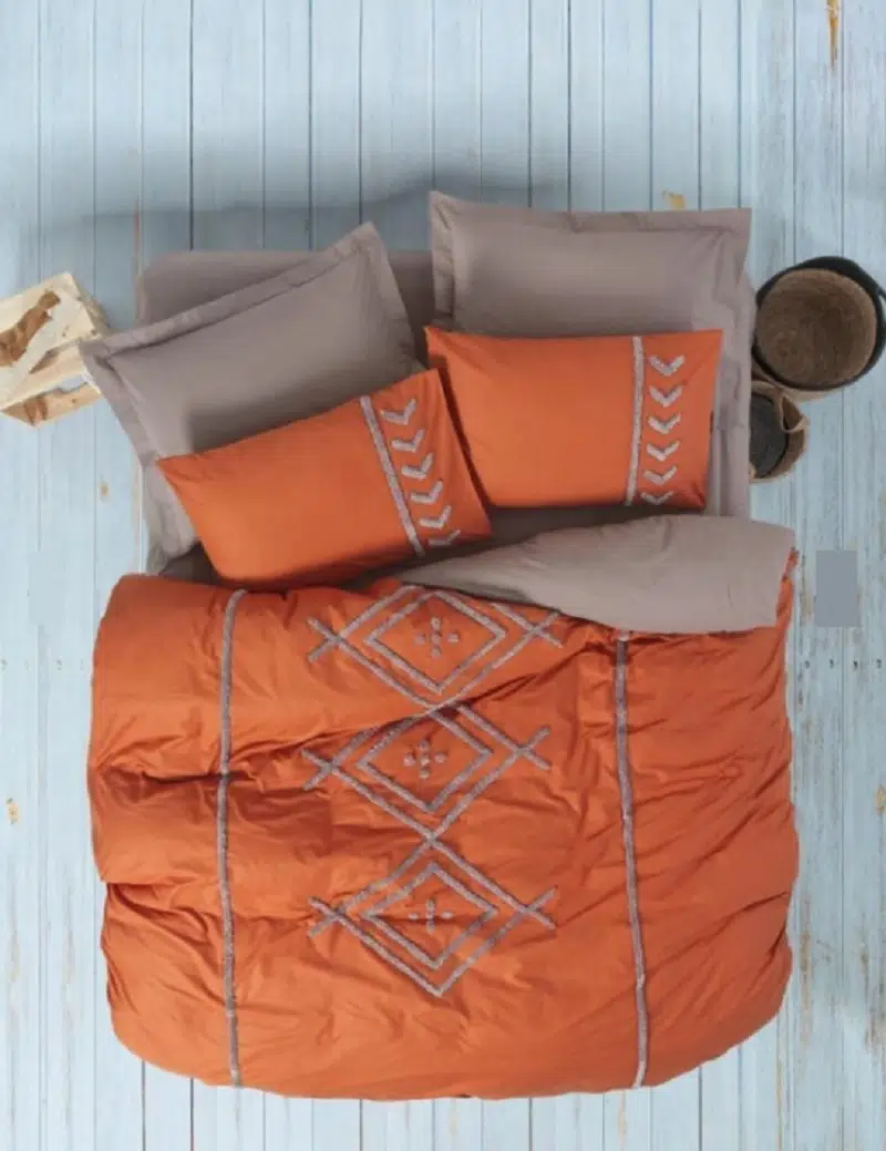 Cottonbox Puffy Nakışlı Liya-Kiremit-Bej 1726 Çift Kişilik Nevresim Takımı