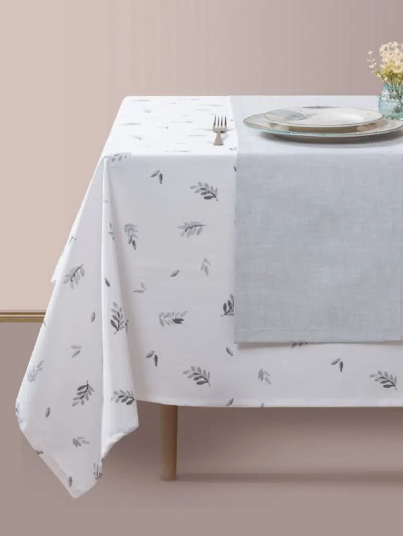 Cottonbox Yaprak Model Gri-Beyaz Masa Örtüsü 160x180