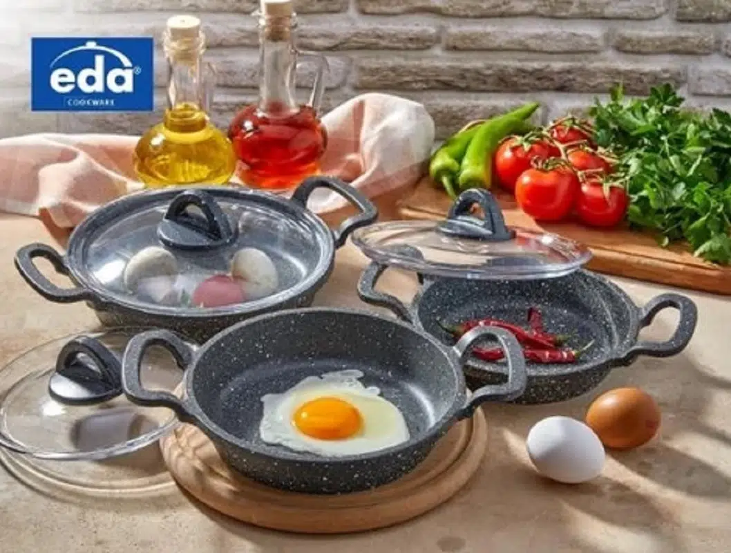 Eda ZK-905 Büyük Asya 3'lü Granit Sahan Seti Cam Kapaklı Döküm Gri