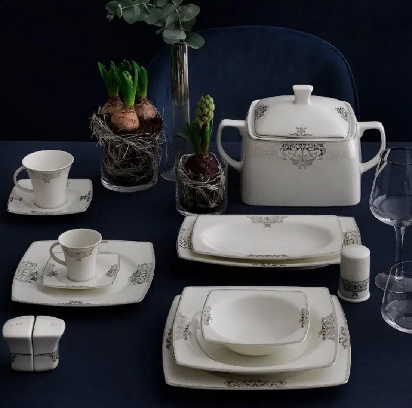 Güral Caroline 85 Parça Kare Bone 12 Kişilik Yemek Takımı 56861 Platin