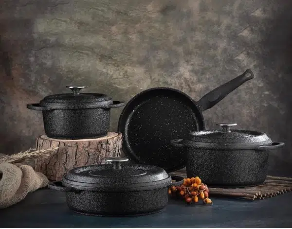 Oms Quarts Prime Granit Döküm Tencere Seti Siyah 3050
