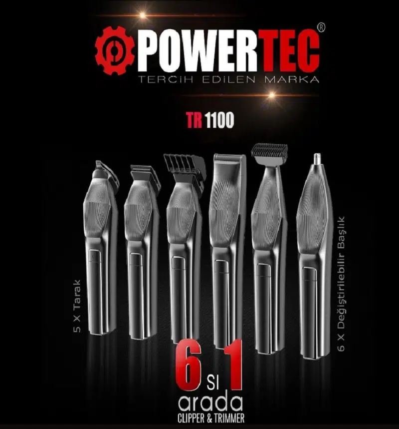 Powertec TR-1100 Profesyonel 6'lı Erkek Bakım Seti Saç Sakal Ense Vücut Kaş Burun Tıraş Makinesi