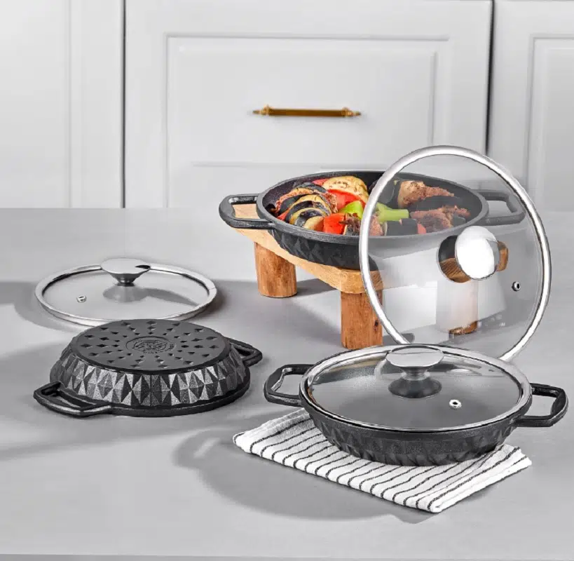 Taç Bella Cam Kapaklı 3 lü Döküm Sahan Seti